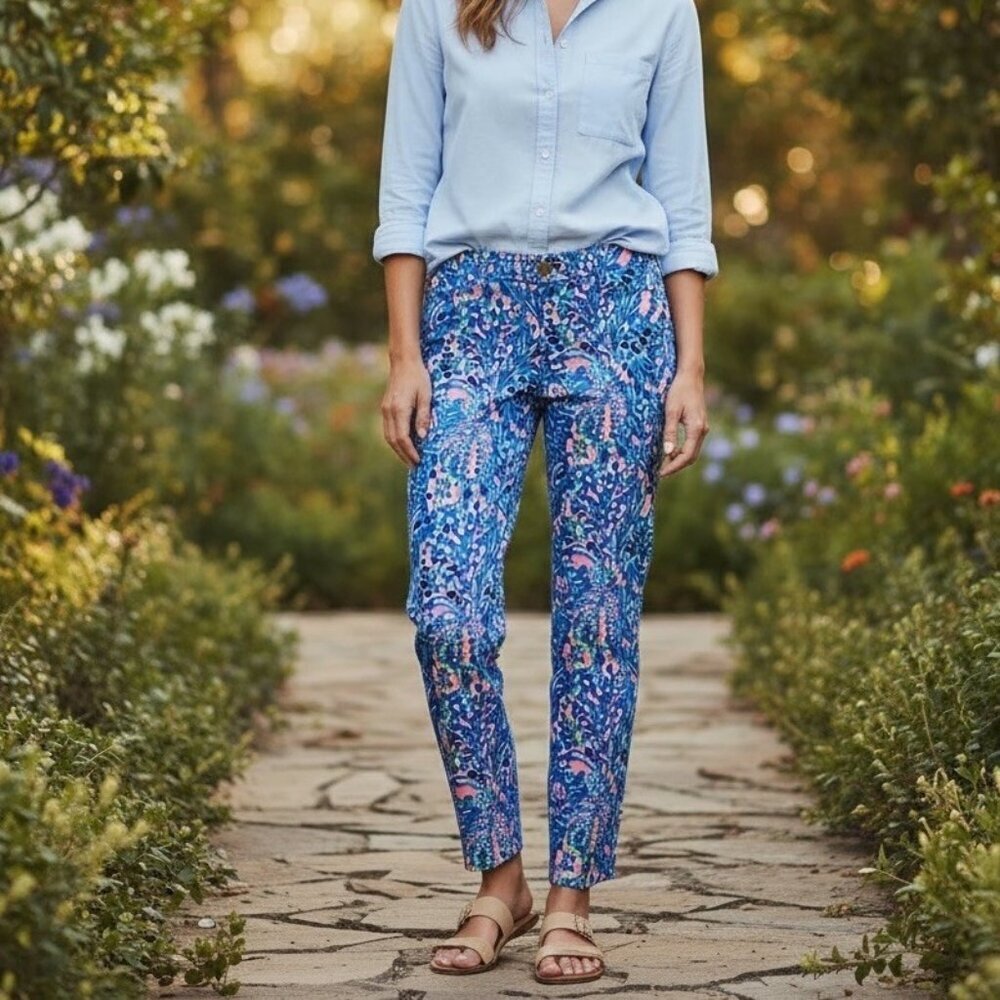 Lilly Pulitzer Size 4 Kelly Tic Tac Tile Blue Pink Floral Print Skinny Pants